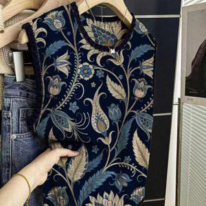 TEMU 여성용 슬리브리스 블라우스 탑 - 대비 트림 & 빈티지 페이즐리 프린트, 라운드넥 슬리브리스 블라우스 셔츠, 중간 신축성으로 사계절 착용 가능, 캐주얼 엘레강스 레이어링, 손세탁 가능, 외출용