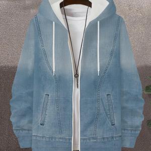 TEMU 남성용 패션 인조 데님 집업 후드티 캐주얼 활용도 높은 트렌디한 스트리트 스타일 가디건 자켓