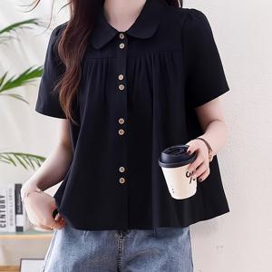 TEMU 페터팬 칼라가 있는 여성용 새로운 여름 디자인 반팔 셔츠, 스타일리시하고 매력적이며 복부를 가리고 젊어 보이도록 완벽합니다.