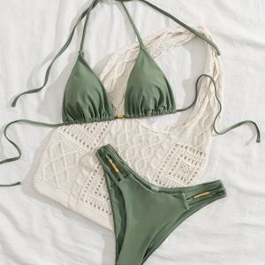 TEMU 여성용 아미 그린 노와이어 섹시 패션 여름 해변 리조트 수영복 투피스 세트 | 하이 스트레치 원단, 단색, 할로우 디테일