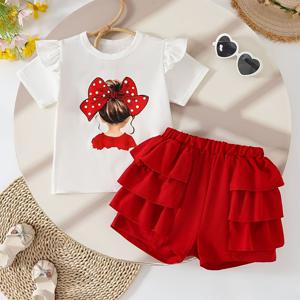 TEMU 2025년 신상 여름 여아 프린트 플러터 슬리브 반팔 상의 & 레이스 반바지 투피스 세트, 캐주얼하고 패셔너블한 데일리룩을 위한 스타일리시한 반바지 세트, 야외 활동에 적합