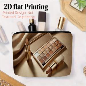 TEMU 1개 2D 평면 프린팅, 메이크업 도구 프린트가 있는 메이크업 백, 샴페인 골드 아이섀도우와 웜 누드 립스틱 패턴이 있는 휴대용 메이크업 백, 여성용 화장품 가방, 지퍼가 있는 필수 여행 및 외출용 정리함, 2D 평면