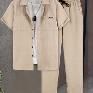 TEMU 남성 여름 캐주얼 빵 격자 무늬 반팔 바지 셔츠 세트, 100% 섬유, 더블 포켓 셔츠, 라펠 우븐 반팔 탑, 세탁기 사용 및 드라이 클리닝 가능, 성숙한 스타일, 신축성 없음, 패셔너블, 외출/오피스/데이트에 적합