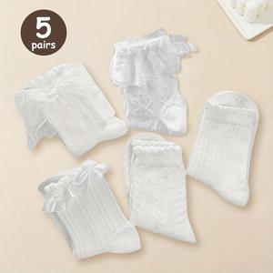 TEMU 리본과 레이스가 특징인 흰색 롬ANCE 스타일 양말 5켤레 세트. 미드 튜브 스타일로 디자인되었으며, 일본 대학생 미학, 공주 테마 의상, 그리고 달콤한 JK 스트리트 패션에 완벽합니다.