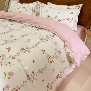 TEMU 4Pcss 만화 침구, 섬유, 워싱 처리, 소박한 플로럴, 컨트리 스타일, 핑크색 고정 시트, 4Pcss 침구 (1 이불 커버, 1 고정 시트, 2 베갯잇) 부드럽고 세탁기 사용 가능, 사계절 사용