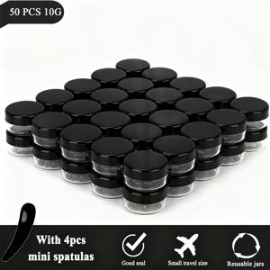 TEMU 50개입 10g 샘플 용기, 뚜껑 포함 10ml 빈 병, 소형 화장품 용기, 미니 샘플 용기, 미니 메이크업 주걱 4개 포함, 메이크업, 오일, 로션, 파우더, 안료, 주얼리, 립스틱용 (검은색 뚜껑)