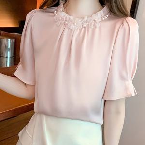 TEMU 여성의 우아한 셔폰 블라우스, 스탠드 칼라 및 프릴 슬리브 - 짧은 소매, 단색, 버튼 디테일, 다용도 및 스타일리시, 올 시즌 탑, 스타일리시 탑|짧은 소매 셔츠|셔폰 원단