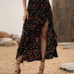 TEMU YY0228058 봄/여름 패션 플로럴 프린트 비대칭 러플 밑단 드레스, 블랙 하이웨이스트 슬릿 맥시 드레스 플로럴 패턴
