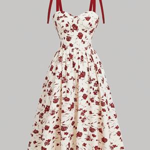 TEMU 봄 휴가 시즌을 위한 보우 타이가 달린 숄더 스트랩이 있는 긴 여름 플로럴 프린트 원피스