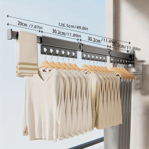 TEMU 1개 벽걸이 접이식 건조대, 확장 및 접이식 디자인으로 공간 절약, 가볍고 내구성 있는 알루미늄 소재, 강한 하중 지지력, 내장형 옷걸이 보관봉 포함, 두 가지 길이 옵션 (90.5cm/세 구간 또는 126.5cm/네 구간), 무드릴 및 드릴 설치 방식 모두 지원, 홈 발코니, 아파트, 기숙사 등에 적합, 건조대