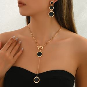 TEMU 3pcs 크리에이티브 여성용 주얼리 세트 | 패셔너블한 힙합 스타일 아연 합금 기하학적 원형 펜던트 Y자형 태슬 목걸이 및 귀걸이 | 가을, 겨울을 위한 다용도 데일리 액세서리