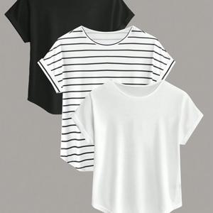 TEMU 여성용 3피스 블랙 & 화이트 파이스트라이프 잠옷 세트 - 반팔 나이트가운 + 매칭 로브 & 나이트드레스, 라운드넥 파자마, 손세탁 가능 - 침구용