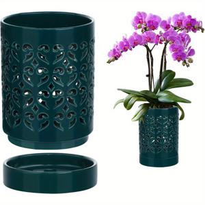 TEMU 빈티지 세라믹 난초 화분 기하학 패턴 - 4인치 실내외용 통기성 슬롯드 포트와 받침대 포함, 경량 디자인으로 난초, 다육식물, 허브 재배에 적합한 휴대용 식물 용기