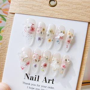 TEMU 10개 수제 나비 꽃 인조 네일 - 긴 타원형 광택 프레스온 네일, 파스텔 플로랄 & 나비 디자인, 여성용 우아한 혼합 색상 네일 아트 패치, 결혼식, 파티, 특별한 행사용 웨딩 액세서리, 섬세한 장식