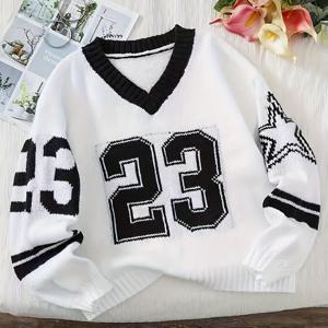 TEMU 패셔너블하고 캐주얼한 니트 풀오버, 8세부터 12세까지 소녀에게 적합. V넥, 긴팔. 약간의 신축성 있는 원단으로 대규모 스포츠 이벤트, 페스티벌, 여행, 러닝에 사용 가능