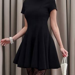 TEMU 여성용 우아한 블랙 미디 드레스 - 슬림핏, 반팔, 라운드 넥, 단색과 스칼로프 디테일, 봄/가을, 행사용 | 스칼로프 디테일 드레스 | 폴리에스터 원단