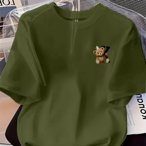 TEMU [원형 방향] 여성 패션 베이스보드 프린트 티셔츠 곰돌이 패턴 화이트 부드럽고 편안함, 프린트 반팔 티셔츠, 캐주얼 웨어에 적합, 패셔너블한 올 시즌 상의