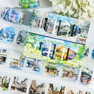 TEMU 8롤 세트 | 빈티지 컨트리 스타일 정교한 박스형 테이프 컬렉션 - 유럽 거리와 건축, 사계절 목가적 풍경 수작업 스타일 | PET 방수 2m/롤, 아트 크래프트 스크랩북 장식, 사진 앨범, 다이어리, 카드, 선물 포장용, 크리스마스 선물, 할로윈 선물로 적합