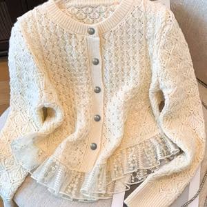 TEMU 플러스 사이즈, 클래식 엘레강트 스타일 레이스 트림 여성용 가디건, 가을 겨울용 달콤한 홀아웃 숏 탑