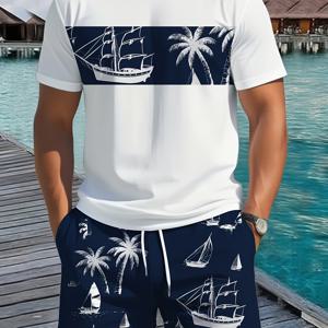 TEMU 2개 세트 남성용 반팔 숏팬츠 & 코코넛 트리 프린트 라운드넷 티셔츠, 캐주얼 여름 휴가 스타일, 야외 스포츠 편안한 착용감, 약간 신축성 있는 폴리에스터 니트 소재, 친구를 위한 완벽한 선물