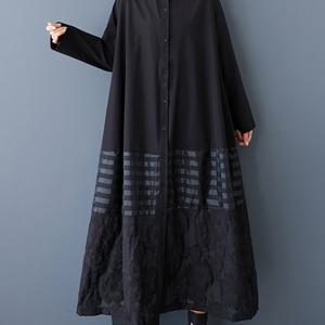 TEMU 일본 스타일 블랙 긴팔 드레스, 패셔너블한 칼라, 다용도 자카드 롱 가운