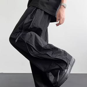 TEMU 캐주얼 레그 드로스트링 통기성 메쉬 아이스 실키 섬유 원단 바지 여름 지퍼 디자인 낙하산 바지 아웃도어 스포츠 속건 카고 바지|짐웨어