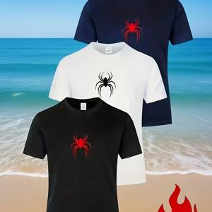 TEMU 3pcs 남성 클래식 반팔 티셔츠 - 통기성 스트레치 폴리에스터, 기하학적 프린트, 네이비 블루 화이트 블랙, 세탁기 사용 가능 캐주얼 웨어, 패션 티셔츠, 스트레치 원단, 스트리트 스타일