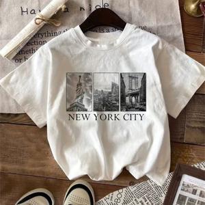 TEMU 1개 여성 빈티지 시티 실루엣 프린트 티셔츠 (뉴욕), 봄/여름용 다용도 반팔 티, 자유의 여신상 및 브루클린 브리지 디자인, 맨하탄을 위한 축제 선물로 완벽