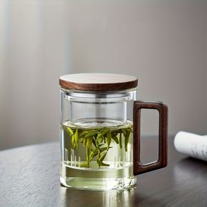 TEMU 두꺼운 나무 손잡이 티 아트 유리 세트 - 투명한 분리 디자인의 고품질 붕규산 유리 티컵, 가정/사무실/선물용으로 적합, 재사용 가능 및 식기세척기 사용 가능