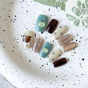 TEMU 10개입 가을 우아한 체크무늬 플로랄 카툰 3D 사과 인조네일