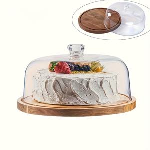 TEMU 1세트 듀얼용 나무 커팅 보드 케이크 스탠드 (투명 뚜껑 포함) - 라운드 디저트 디스플레이 트레이 & 샤르퀴트리 보드, 치즈, 감자튀김, 과일 플래터에 완벽, 대형 아크릴 케이크 돔, 가족 모임, 파티 케이크 스탠드, 모임용 주방 도구