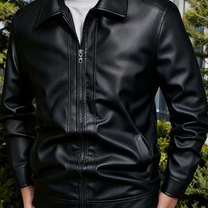 TEMU 남성용 블랙 인조 가죽 재킷 - 클래식 칼라 스타일, 풀 지퍼 디자인, 캐주얼 룩, 부드럽고 내구성이 뛰어난 인조 가죽 소재, 일상 야외 활동에 적합, 포켓이 있는 스타일리시한 재킷, 봄 및 가을에 이상적