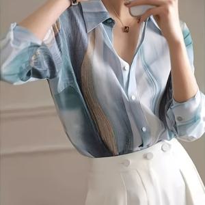 TEMU 여성용 우아한 프린트 긴팔 셔츠 - 버튼 셔츠, 올 시즌용 성인 패션