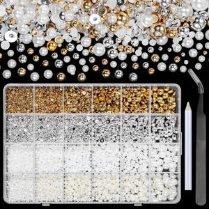 TEMU 박스당 5000개 골드 실버 플랫백 공예용, 하프 라운드 네일 젬, 2-8mm 화이트 베이지 비즈, DIY 페이스 메이크업용 픽업 펜슬 집게포함, 4색 하프 라운드