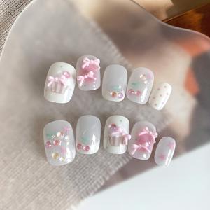 TEMU 10개 짧은 스퀘어 라운드 탈부착식 누름 인조네일, 숏 스타일 귀여운 만화 체리 프렌치 스타일 네일 아트 스티커