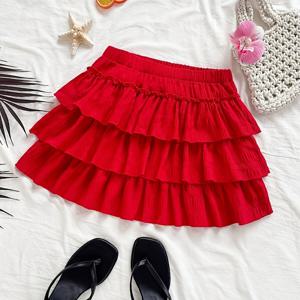 TEMU 캐주얼 단색 러플 숏 스커트, 레이어드 러플 숏 스커트, 여름 숏 스커트, 옐로우 러플 숏 스커트 ZD1127248