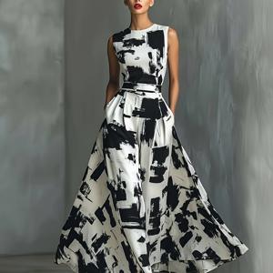 TEMU 여성용 우아한 추상 아트 프린트 드레스, 핏되는 허리, 민소매 디자인, 그리고 하늘 높은 롱 스커트, 출퇴근, 패션 데이트에 완벽하며 세련된 느낌을 주는 제품