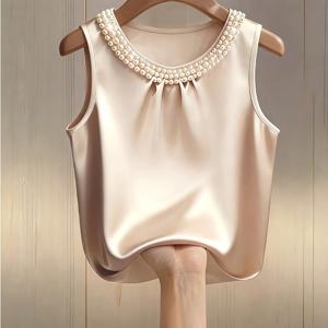TEMU 여성용 우아한 인조 진주 장식 라운드 넥 캐미 탑, 여름의 우아함 스페셜
