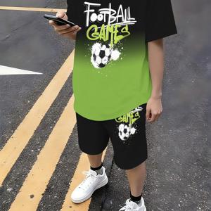 TEMU 2개 세트 남아용 축구 테마 매칭 반바지 & 티셔츠 - 통기성 좋은 운동복, 야외 훈련 및 여름철 착용에 적합 - 청소년 남아를 위한 캐주얼 스포츠웨어 (티셔츠 & 루즈핏 반바지), 야외 활동에 완벽