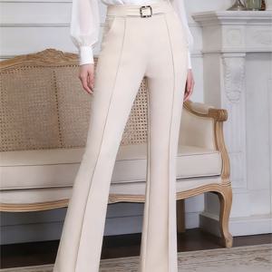 TEMU 여성 통근 출근 필수 봄가을 하이웨스트 슬림핏 나팔바지 벨트 디테일 스판 소재 솔리드 컬러 오피스룩 데일리 캐주얼 슬림소녀 SLIM GIRL