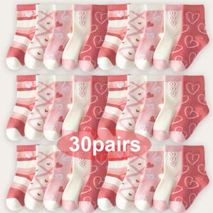 TEMU 여아용 양말 30켤레 세트, 사계절 내내 착용하기 좋음, 따뜻한 하트 패턴의 스위트 핑크 색상, 공주풍 스타일에 이상적