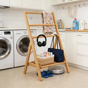 TEMU 소형 접이식 나무 프리스탠딩 의류 진열대 1개, 수건걸이, 다용도 코트걸이, 수납 선반, 독립형 옷장 정리대, 침실, 거실, 발코니용 다기능 수납대, 옷, 수건, 목욕 타월, 가방, 모자, 신발 등 수납용, 보풀 없음, 옷에 자극 없음, 심플한 신발장 수납 선반, 내추럴 우드 색상