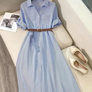 TEMU 여성용 우아한 긴팔 싱글버튼 포켓 캐주얼 롱 셔츠 드레스