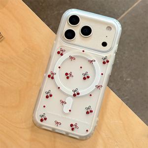 TEMU 아이폰 17 프로 맥스 17 프로 17 16 프로 맥스 16 프로 16 15 프로 맥스 15 프로 14 프로 맥스 14 프로 13 프로 맥스용 Y2K 귀여운 체리 리본 패턴 자석 폰케이스 - 럭셔리 무선 충전 투명 매트 보호 백커버