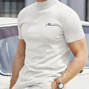 TEMU 남성 빈티지 프린트 티셔츠, 가볍고 높은 넥의 여름 상의, 출퇴근 및 외출에 적합