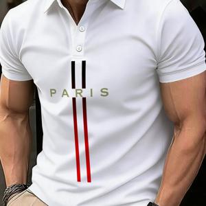 TEMU [프린트 디자인, 텍스처 없음] 파리 프린트와 레드 스트라이프가 있는 남성용 화이트 폴리에스터 셔츠, 레스토랑 또는 홈웨어에 적합한 가볍고 내구성 있는 캐주얼 웨어