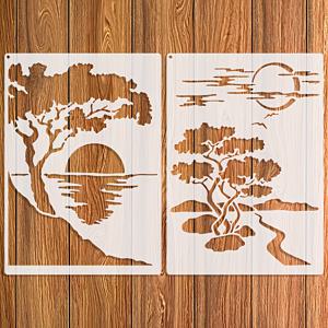 TEMU 8.3×11.7인치의 두 가지 자연 풍경 템플릿. 나무, 호수, 달, 석양 장면이 특징입니다. 그림, 공예에 적합하며 재사용 가능하여 벽 예술, 스크랩북에 완벽합니다.