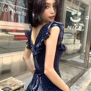 TEMU 일본식 한국식 네이비 블루 러플 하트 모양 도트 퍼프 소매 드레스, 신상 봄/여름 프렌치 스타일 힙핏 쉬폰 플로럴 스트랩 롱 드레스