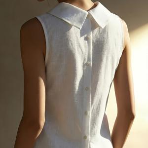 TEMU 여성용 심플하고 우아한 휴가 스타일 민소매 스탠드업 칼라 베스트, 린넨 텍스처 원단으로 슬림핏. 출퇴근, 캐주얼, 아티스틱 스타일에 어울리는 다용도 솔리드 컬러 탑. 피규어 플래터링 데일리웨어로 편안한 미학을 제공하며, 부드럽고 여유로운 룩을 위한 필수 아이템. 시원한 여름 아웃핏에 완벽