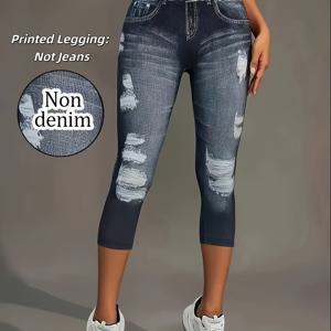TEMU 프린트 팬츠 - 데님 소재 아님, 프린트 레깅스, 비데님 소재 여성용 쇼츠. 데님 프린트 캐주얼 레깅스, 비치 휴가 스타일 패셔너블 우아한 트렌디한 편안한 카프리 쇼츠, 다용도 봄 여름 S 요가 스트레치 삼분의 일 레깅스